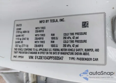 2023 Tesla Model 3 Rear-Wheel Drive z USA, uszkodzony, nr VIN 5YJ3E1EA3PF593547